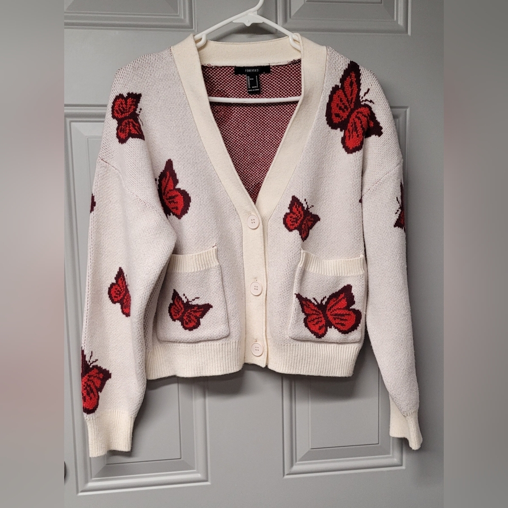 Forever 21 women's and junior's cardigan butterfly Small beige and red,  v-neck - Picture 3 of 8